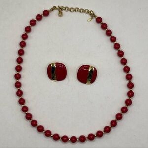 Vintage Monet Set of Beaded Necklace & Square Earrings Red & GoldTone 18 in